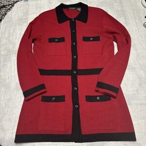 Vtg 90s Liz Claiborne M Deep Red Black Merino Wool Long Cardigan Sweater Jacket